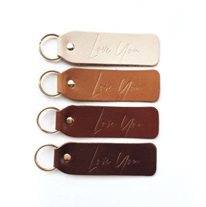"Love You" Script Hand Stamped Leather Keychain